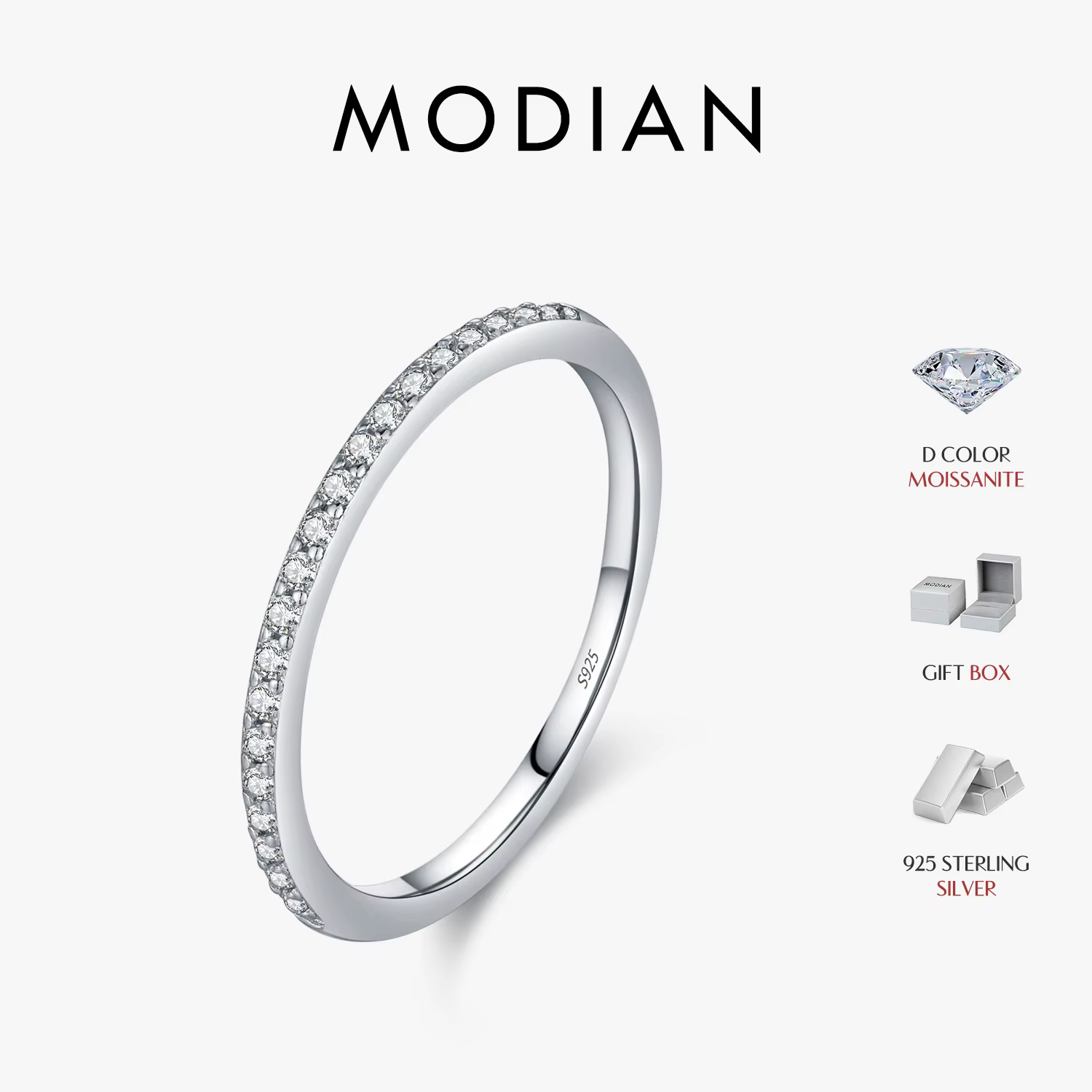 MODIAN Simple éternité Moissanite bague 925 en argent Sterling scintillant