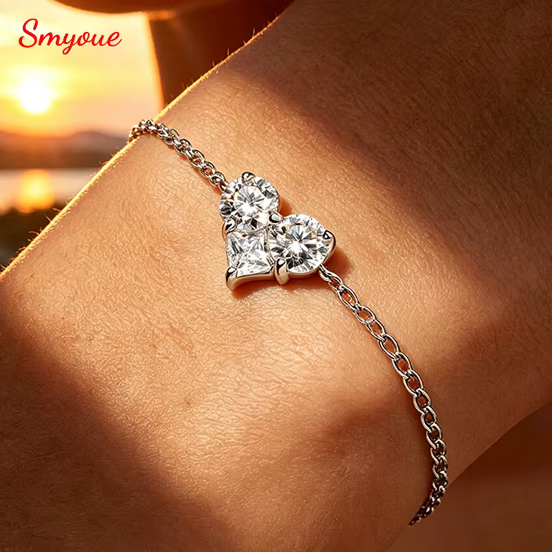 Smyoue – Bracelet Moissanite 3 pierres précieuses pour femmes et hommes, chaîne réglable, bijoux en argent Sterling S925, diamant de laboratoire, cadeaux d'anniversaire pour Couples