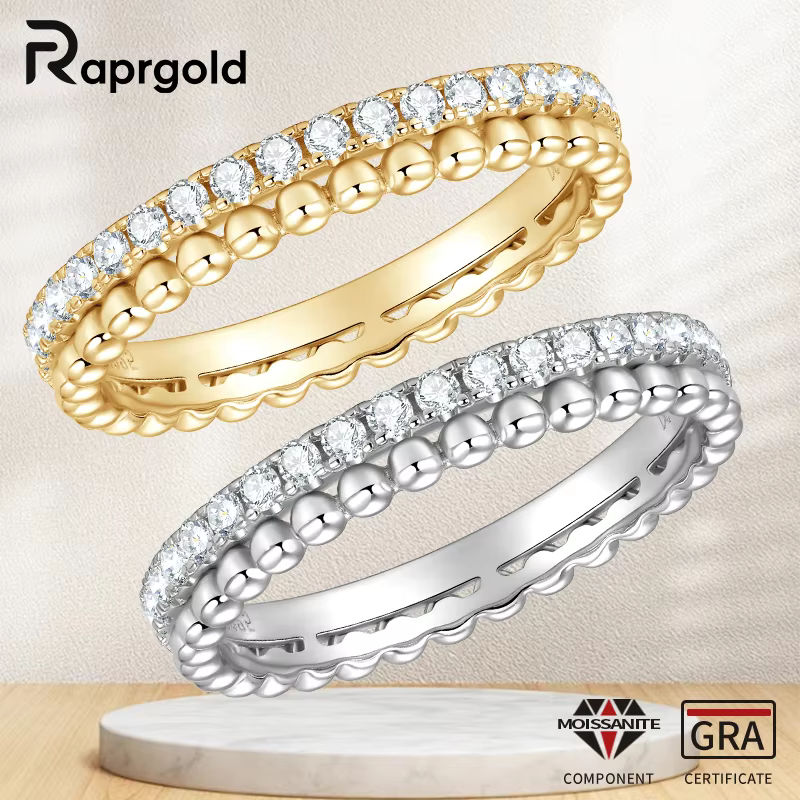 RAPRGOLD 1.5MM rond Moissanite Double anneau demi éternité bague réel 925 en argent Sterling