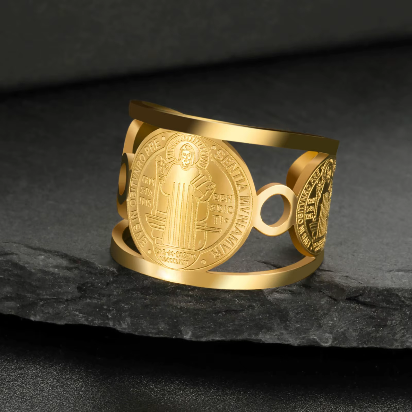 Skyrim Saint benoît de Nursia bague en acier inoxydable couleur or
