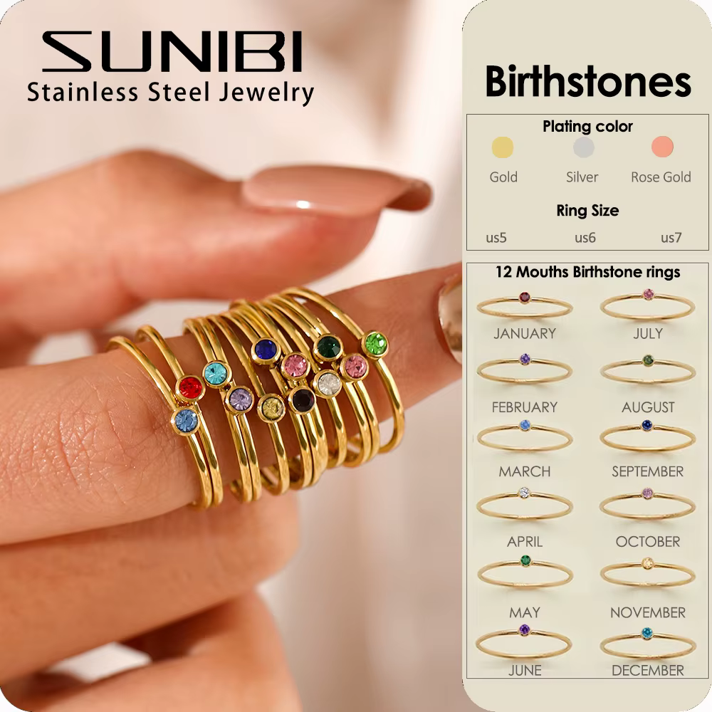 SUNIBI – bague en acier inoxydable avec pierre de naissance pour femme