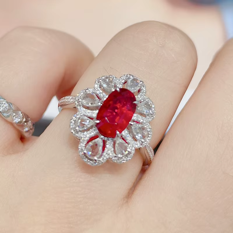 Bague de luxe en argent Sterling 925, pierres précieuses ovales rouges, gouttes blanches pleines de diamant et Zircon, bijoux de fête de Banquet haut de gamme