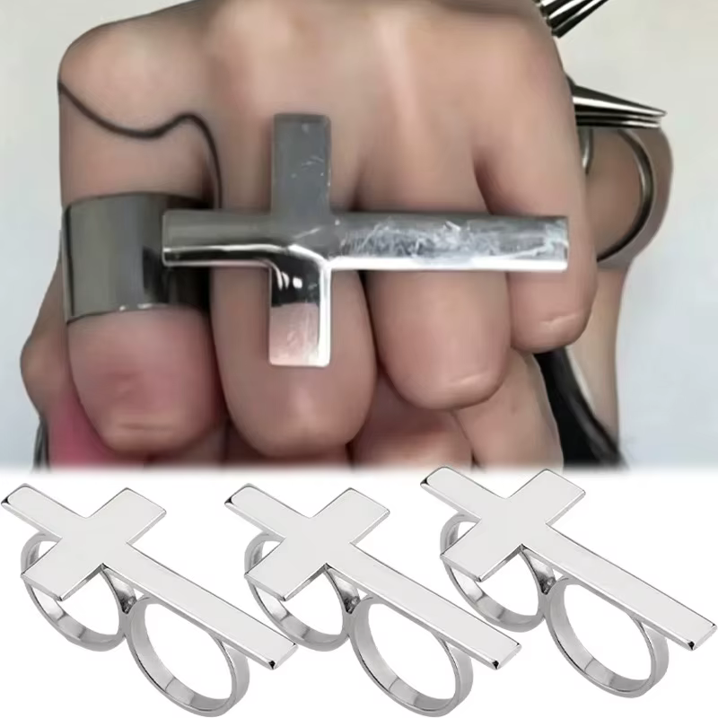Bague Chrétienne Unisexe 2026 en Acier Inoxydable Forme Croix avec Double Anneau de Luxe pour Deux Doigts