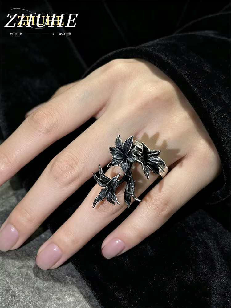Bague unisexe sculptée motif fleur sombre en alliage de cuivre