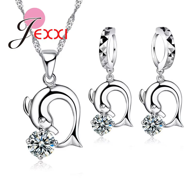 Ensemble de bijoux en argent Sterling 925, pendentif dauphin, collier, boucles d'oreilles en zircone cubique, élégant, Animal mignon, mariée, mariage