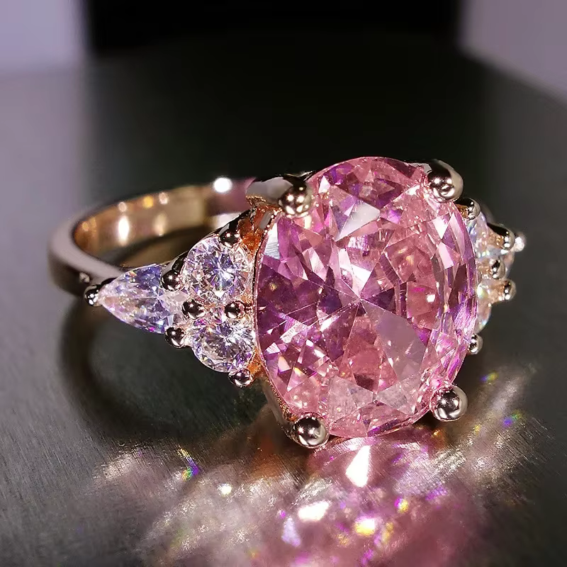 Grande pierre ovale Rose Zircon bague femme luxe cristal bagues de fiançailles pour les femmes Vintage or