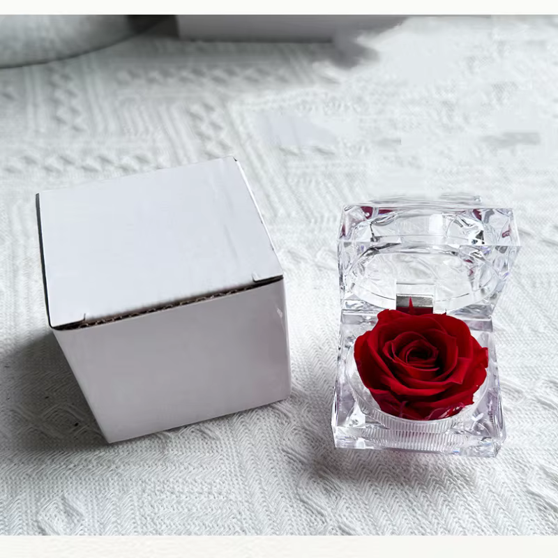 Boîte à bijoux en acrylique transparente avec rose éternelle préservée