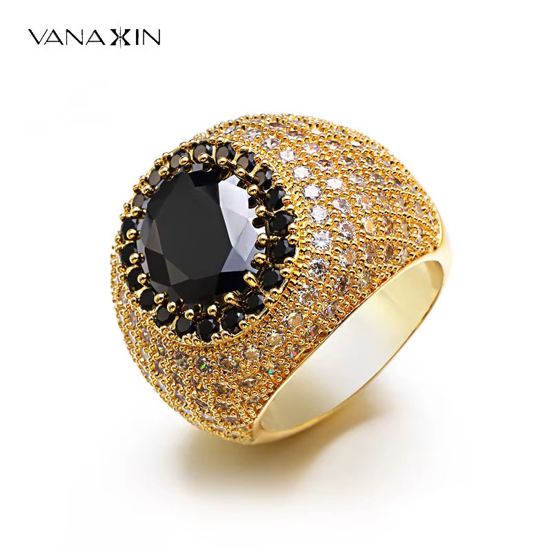 VANAXIN – grande bague ronde en zircon noir pour hommes
