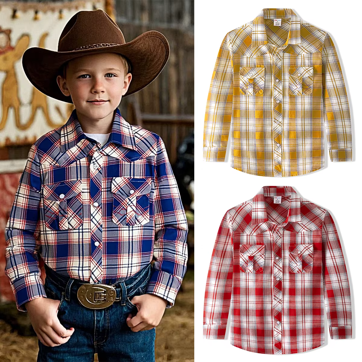 Chemise occidentale pour garçons, Costume de Cowboy pour enfants et adolescents, Halloween, noël, Plaid rouge, vêtements classiques pour cadeaux de fête d'anniversaire pour tout-petits