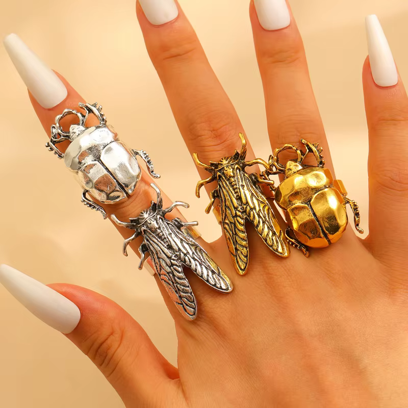 Punk coccinelle anneau ouvert pour hommes femmes exquise cigale insecte bague Vintage exagéré Hiphop décontracté polyvalent bijoux cadeau