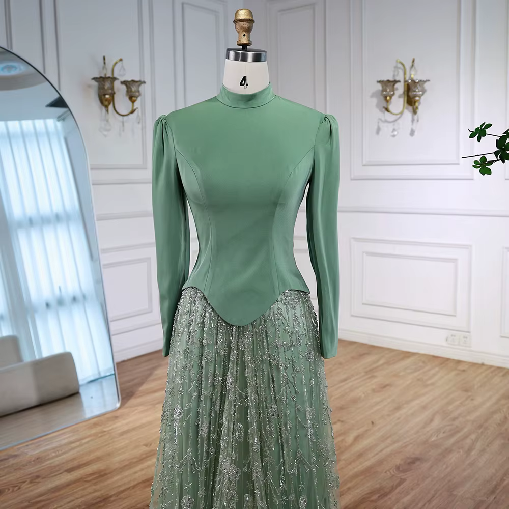 Robe de soirée musulmane verte sauge élégante