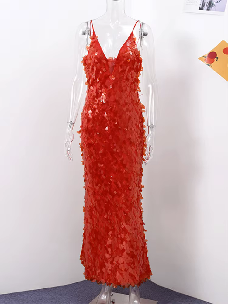 Sexy paillettes longue fronde robe de soirée femmes col en V sans manches rouge Maxi mince Robes femme 2025 été dame