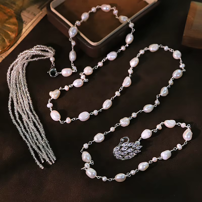 Chaîne de pull en verre de Zircon de cygne de perle naturelle, Design fait à la main, collier de haute qualité, cadeau pour femme, bijoux GN0822