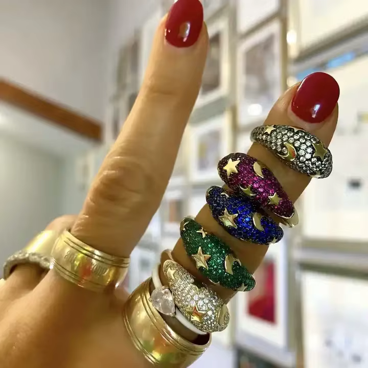Bague en Or Arc-en-ciel avec Lune et Étoile pour Homme et Femme