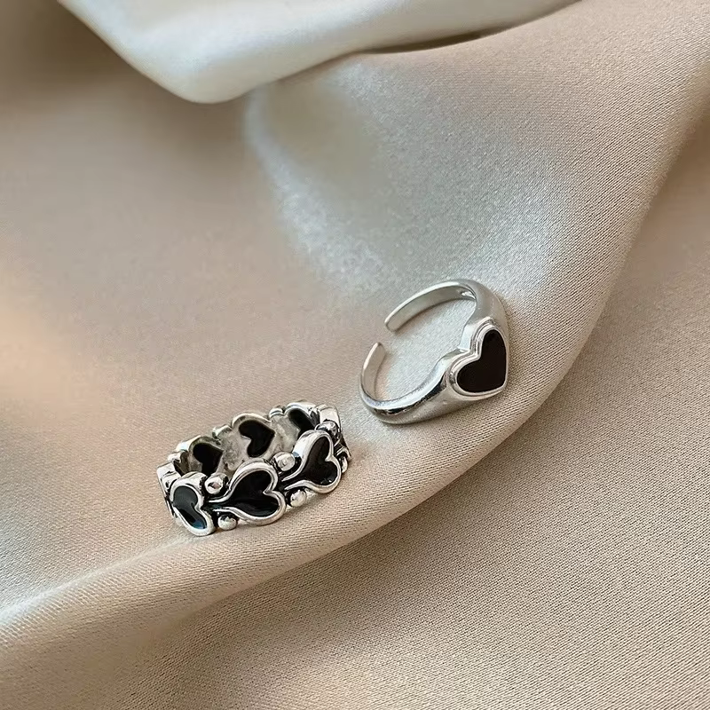 Bague de couple coeur d'amour en émail noir vintage pour hommes et femmes