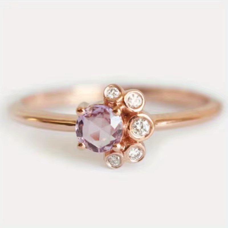 Bague classique pour femme en or rose incrustée de CZ blanc rose, bijoux de fête et de tous les jours au design géométrique