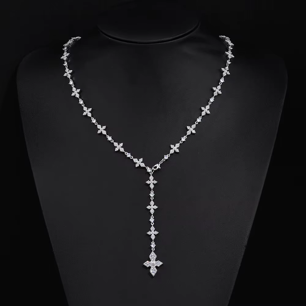 Collier en Y de luxe ESKEEM avec croix en zircon cubique pour femme, couleur argent, pendentif en cuivre et zircon, chaîne style hip-hop, bijoux de fête glacés, cadeau