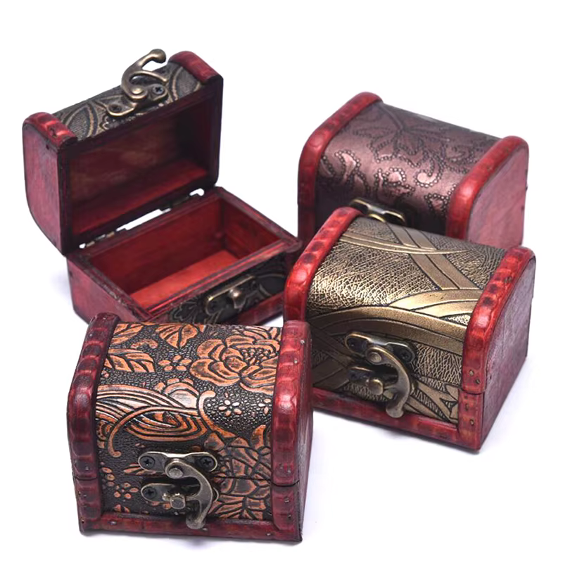 Mini coffre de rangement en bois antique portable, étui à bijoux, boîte-cadeau, collier, bague, boîte à boucles d'oreilles, 1PC