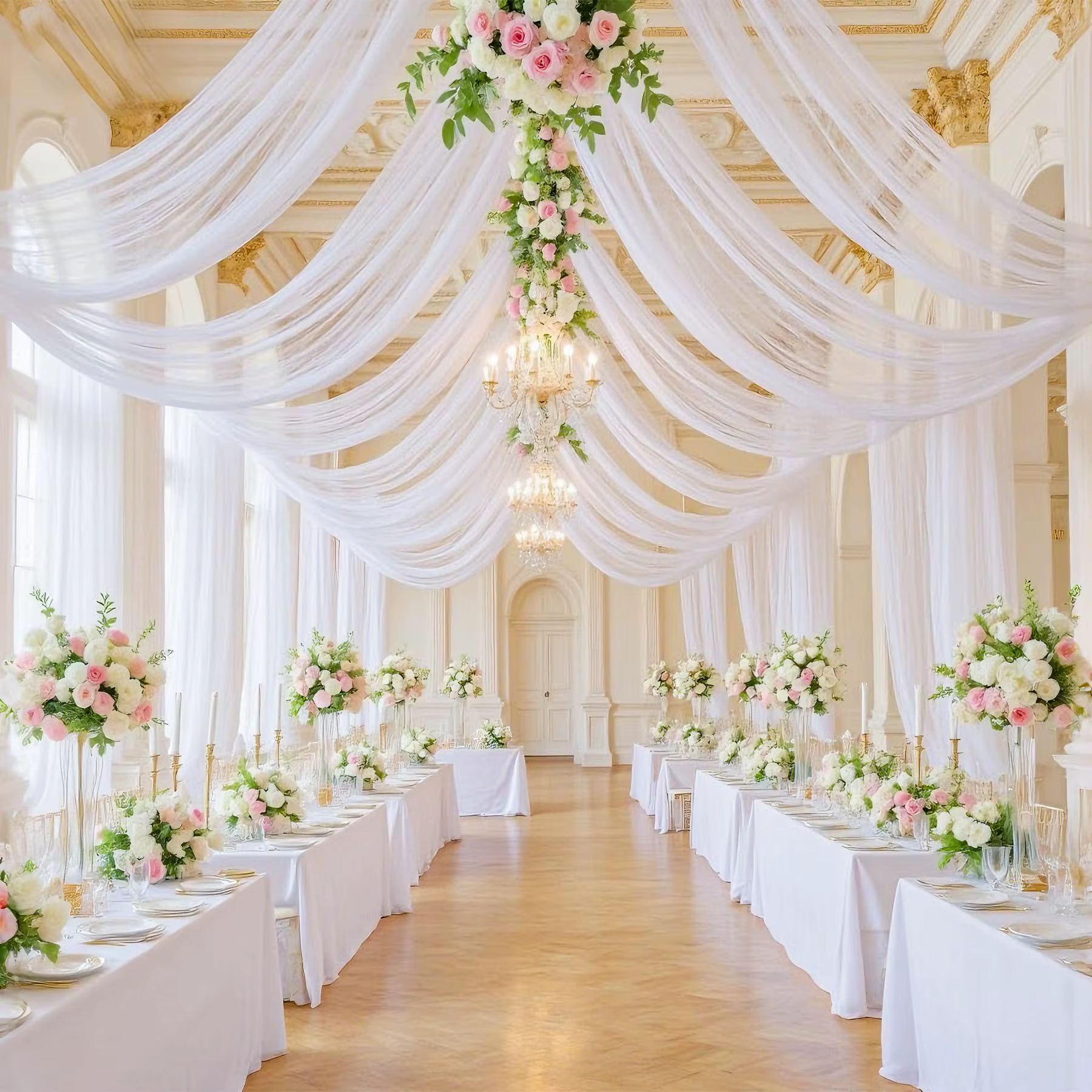 Voilages de plafond pour mariage en tissu mousseline