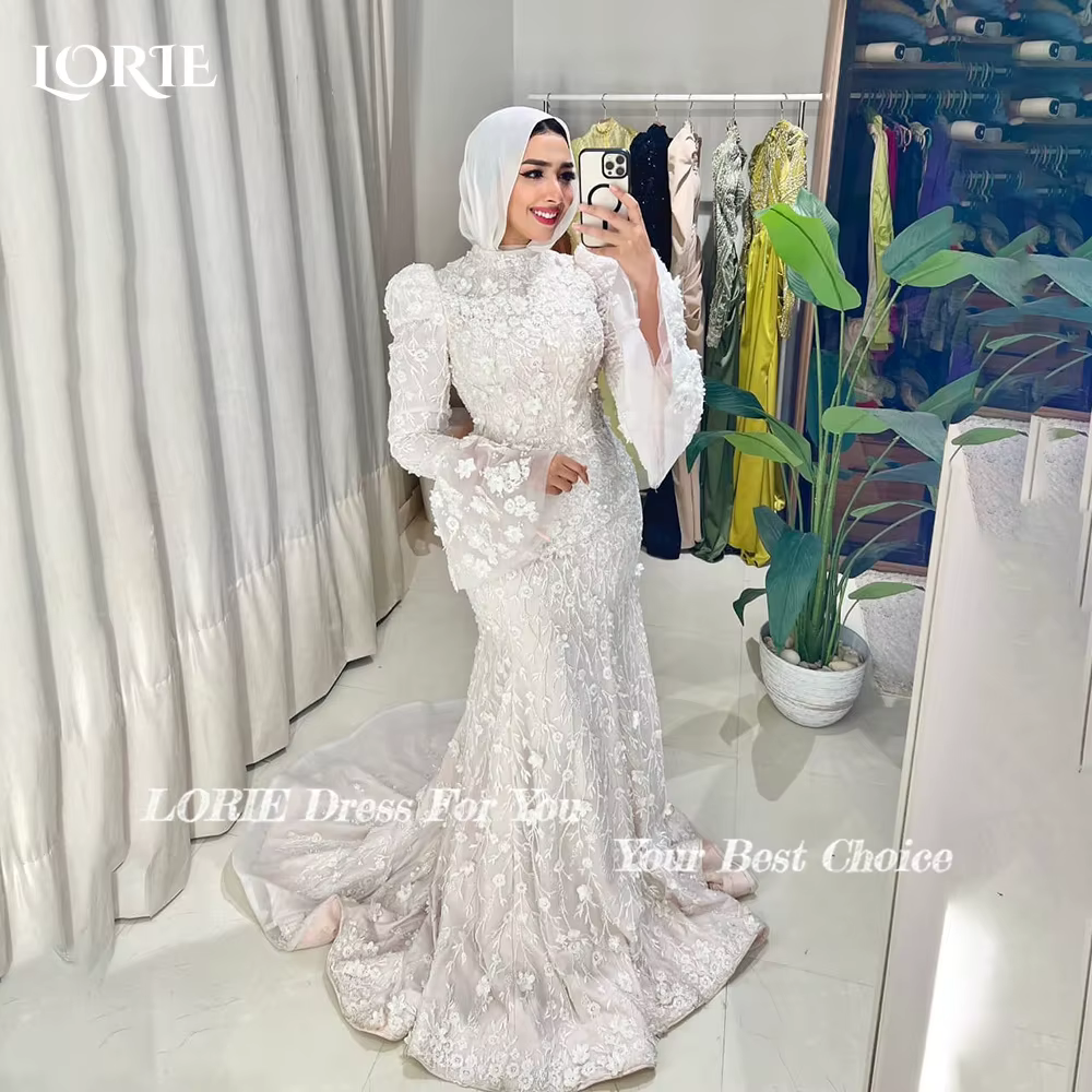 LORIE dentelle robes de mariée musulmanes Applique col haut manches bouffantes église sirène robe