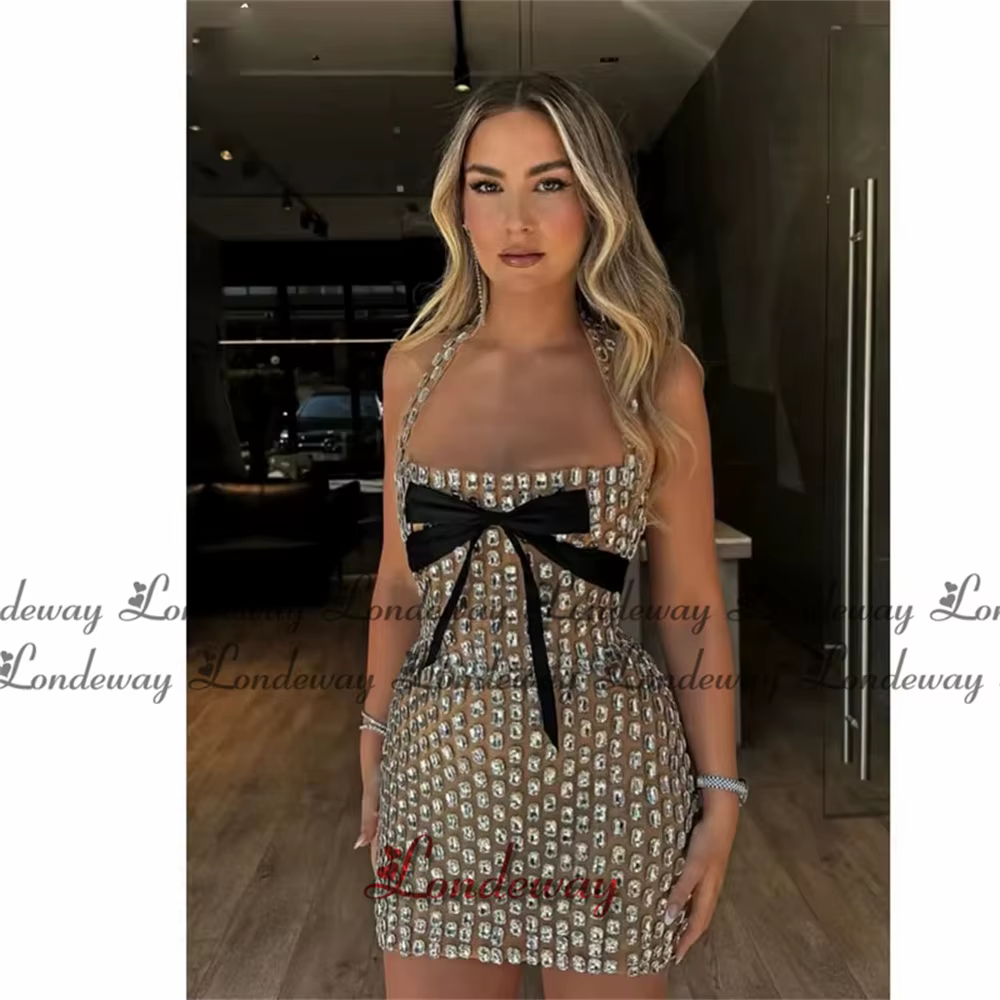 Londeway luxe licou robe De retour nœud papillon strass Mini dubaï cérémonie fête robes De Fiesta Cocktail personnalisé