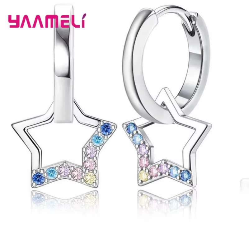 Boucles d'oreilles pendantes en argent sterling 925 avec étoiles et zircon cubique arc-en-ciel pour femmes et filles
