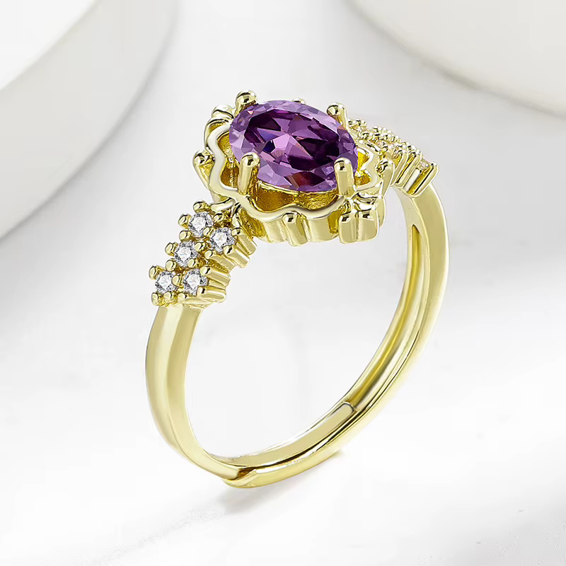 Bague vintage plaquée or avec améthyste et zircon cubique pour femme