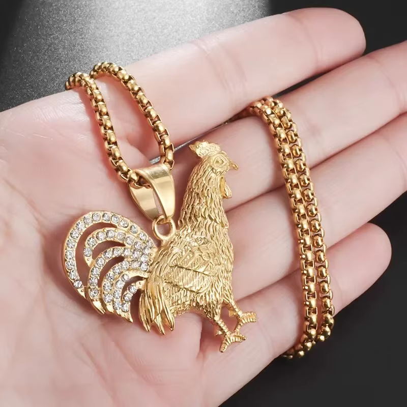 Hip-Hop Cool zodiaque Animal grand coq pendentif collier incrusté de cristal Zircon hommes et femmes noël anniversaire bijoux cadeau