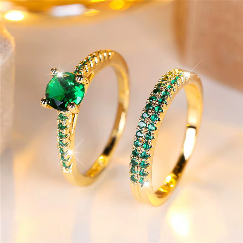 Ensemble de bagues de fiançailles rondes en pierre de Zircon rouge Rose pour femmes