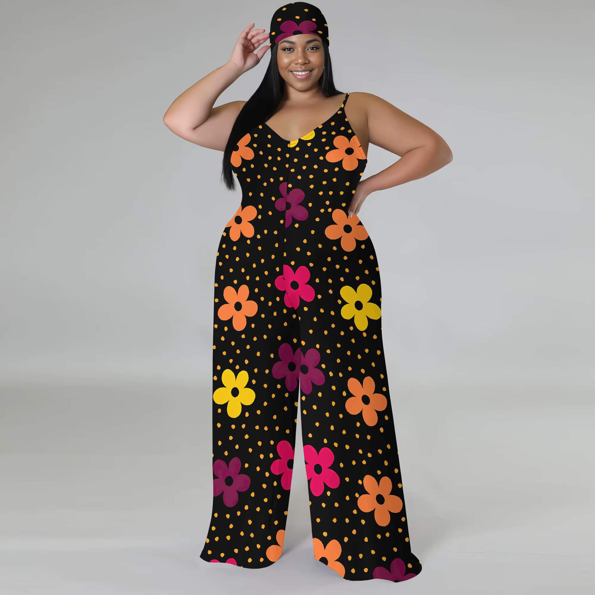 Combinaison florale grande taille – Barboteuse à jambes larges et épaules dénudées avec écharpe
