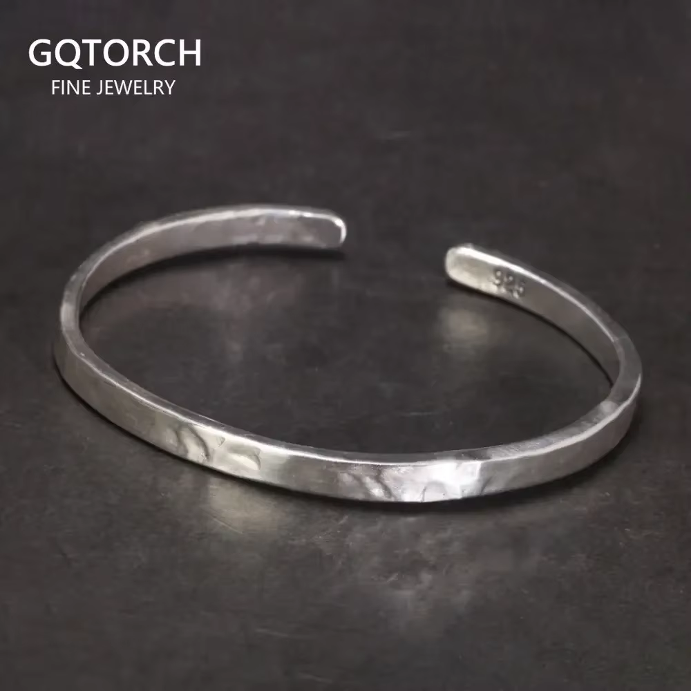 Bracelets de manchette martelés en argent Sterling 925 véritable pour hommes et femmes, bijoux fins polis faits à la main