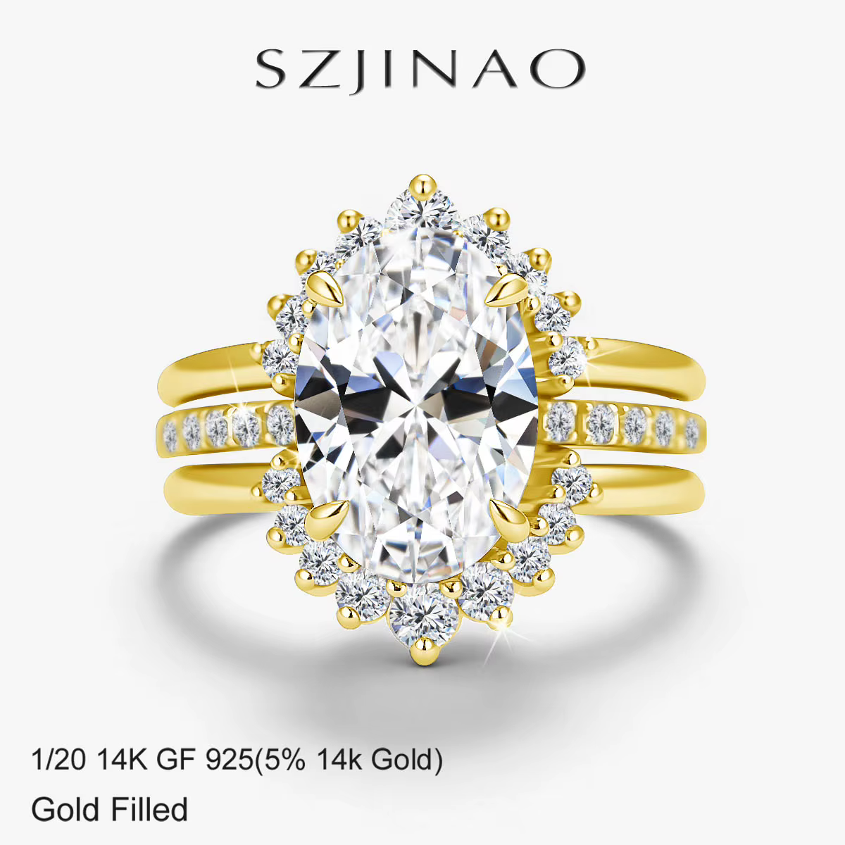 Ensemble de bagues empilables 3 pièces en or 14K avec halo de moissanite ovale 5 carats Au585