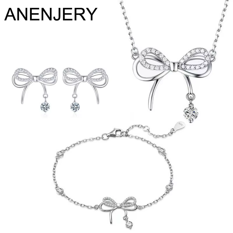 ANENJERY Zircon arc nœud papillon colliers boucles d'oreilles Bracelets ensemble de bijoux pour femmes