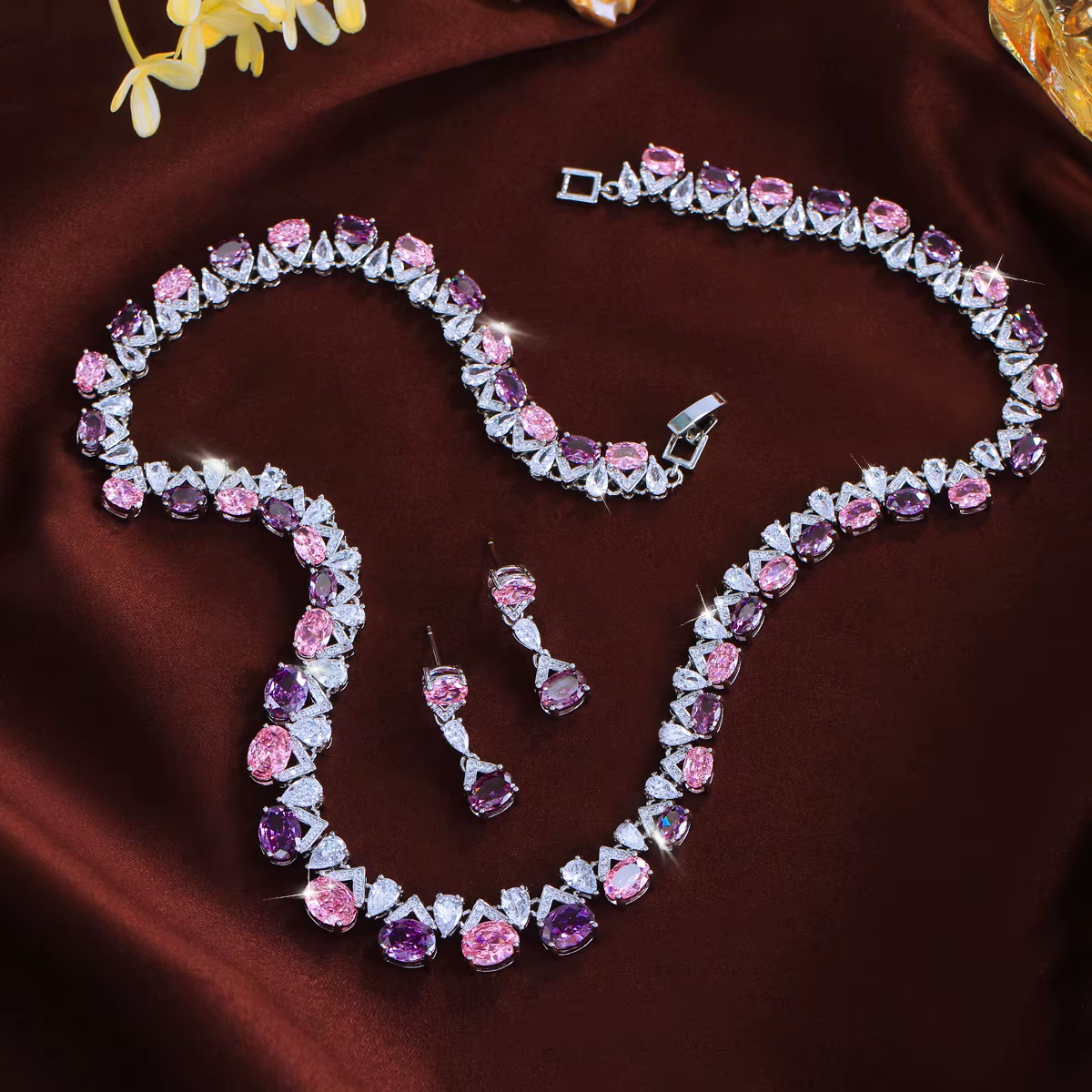 BeaQueen – ensemble collier et boucles d'oreilles de luxe en zircone cubique rose et violet pour femmes, bijoux de mariage en cristal, cadeau T1044