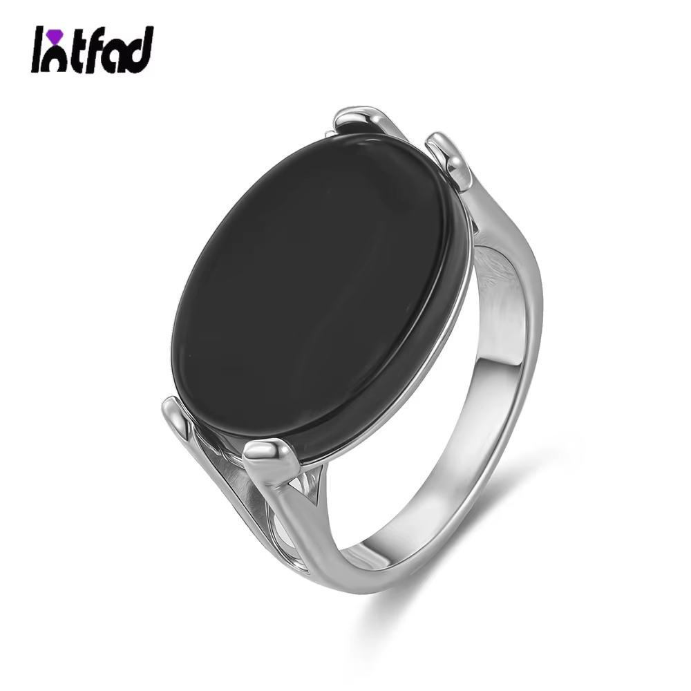 Bagues ovales en argent Sterling 925 Onyx noir naturel