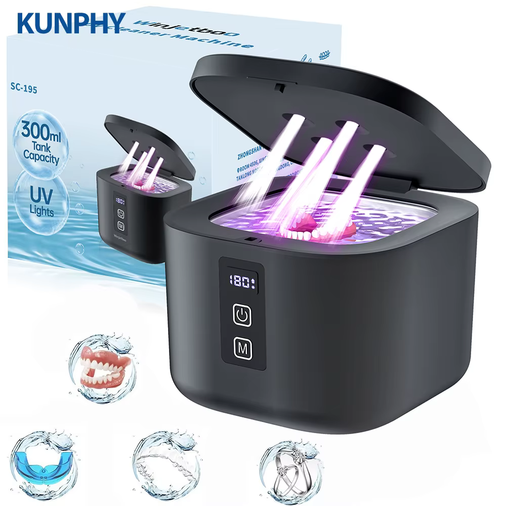 KUNPHY nettoyeur à ultrasons Kit de nettoyage de bijoux stérilisation par la lumière UV sonique 48 kHz pour montres lentilles de Contact lunettes prothèse dentaire dents