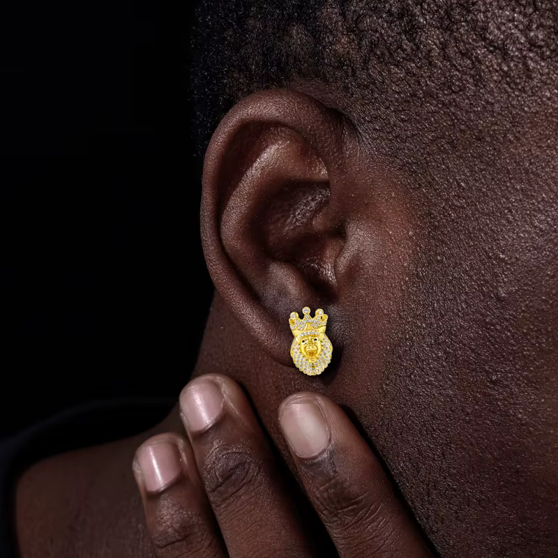 Boucles d'oreilles Hip Hop roi Lion en argent Sterling 925 véritable plaqué Rhodium, couronne de Moissanite glacée, bijoux cadeaux pour hommes