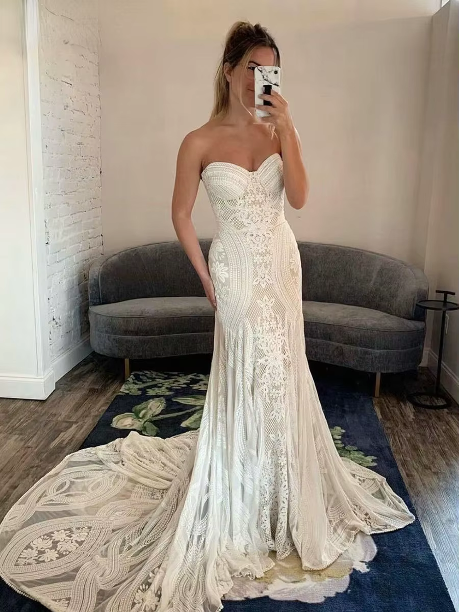 Robe de mariée sirène blanche sexy sans bretelles