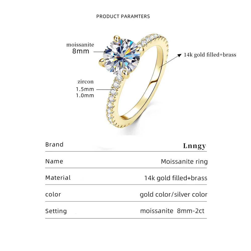 Bague solitaire en Moissanite certifiée Lnngy
