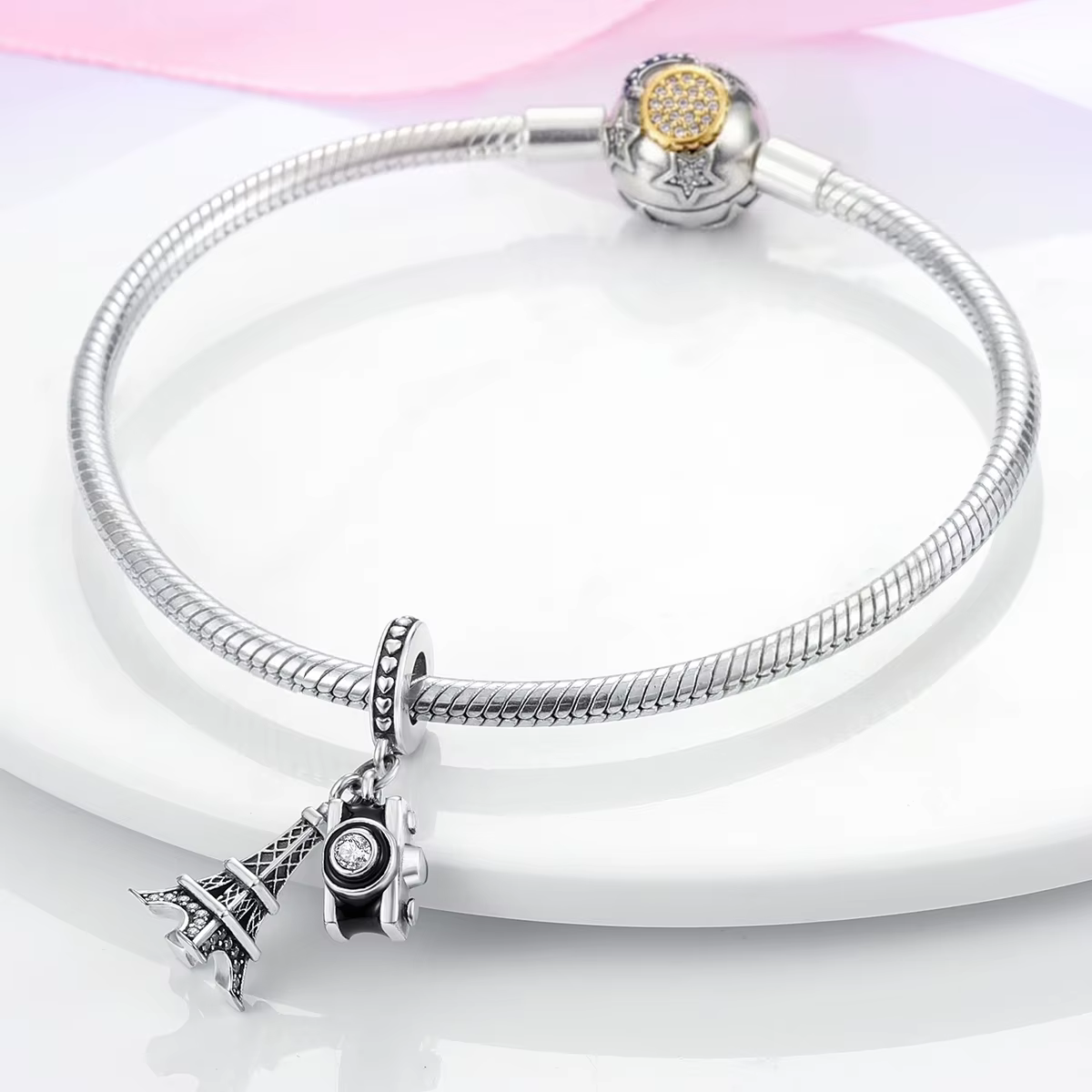 Breloque double pendentif Tour Eiffel en argent sterling 925 avec perle pavée de zirconiums cubiques