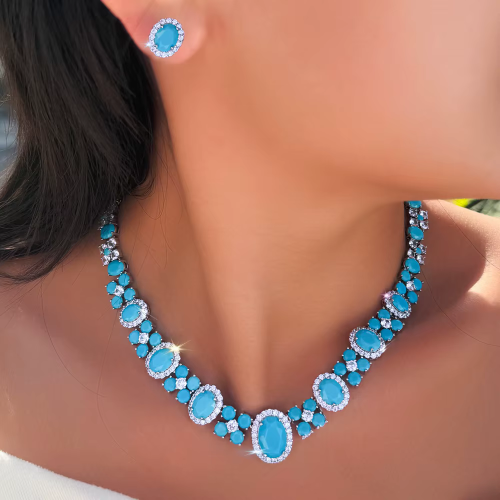 Ensemble de bijoux de luxe en turquoise synthétique bleu brillant