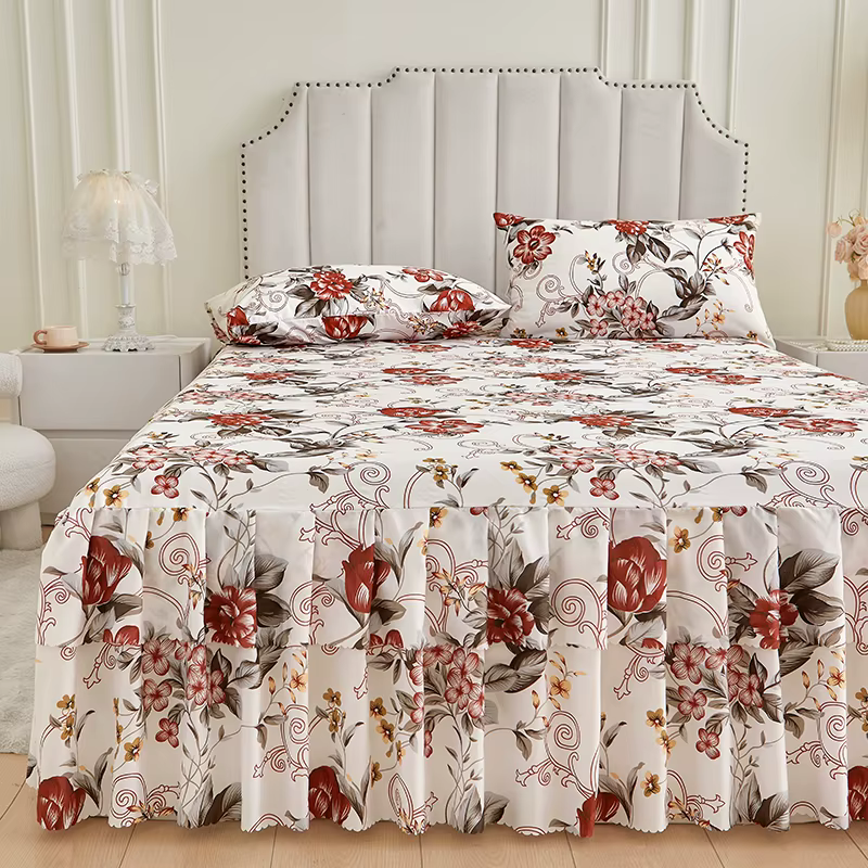 Ensemble de 3 pièces de jupe de lit de Style Floral et taie d'oreiller