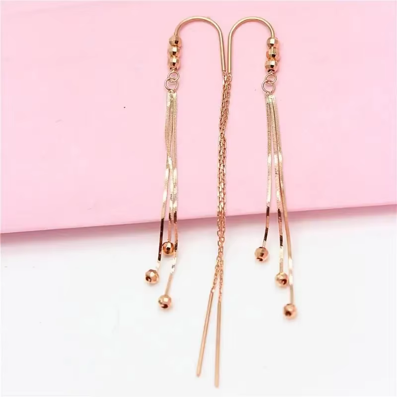 585 or violet longue ligne d'oreille 14k or rose géométrique perle ronde mode doux gland chaîne boucles d'oreilles pour les femmes bijoux de luxe