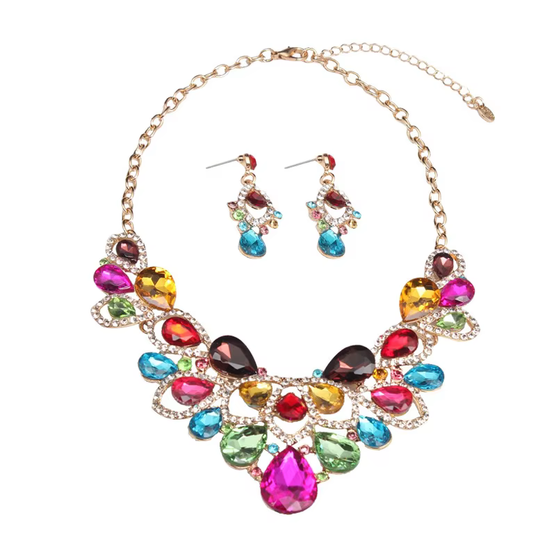 Ensemble de bijoux en strass bordeaux en forme de goutte d'eau, collier bib, boucles d'oreilles pendantes, accessoires pour mariage et fête de mariage