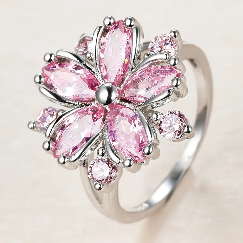 Bague de fiançailles en pierre de cristal rose pour femmes