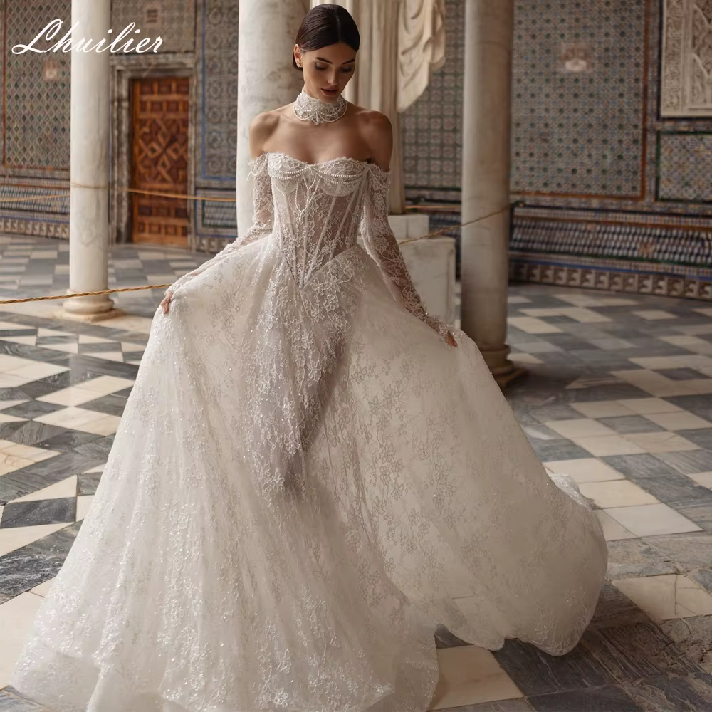 Lhuilier personnalisé une ligne Illusion dentelle robes de mariée hors de l'épaule perlée