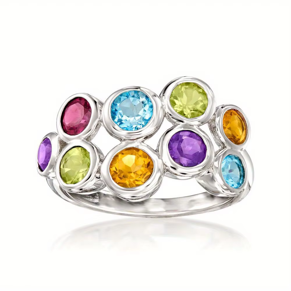 Bague classique tendance incrustée de zircone synthétique multicolore plaquée argent pour femme