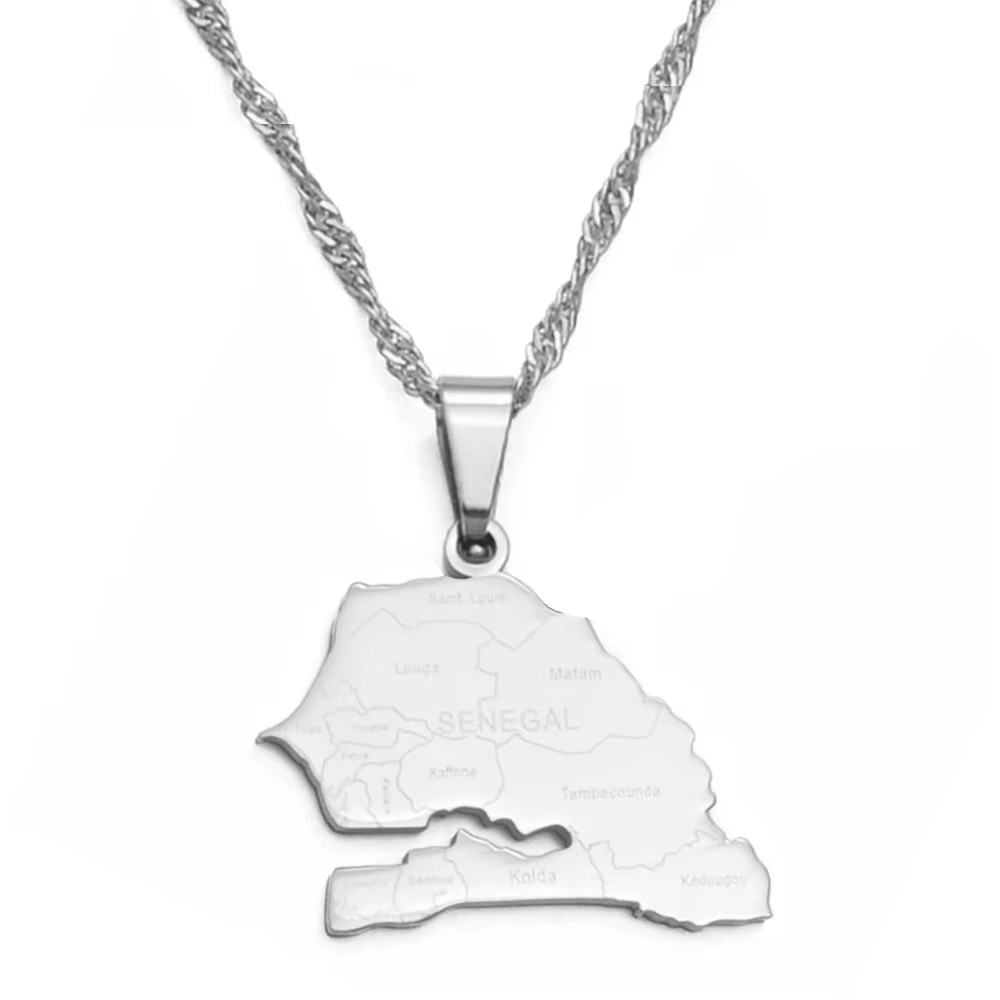 Colliers pendentifs Anniyo avec carte du Sénégal et noms des villes pour femmes, bijoux couleur or, carte africaine du Sénégal # 135821