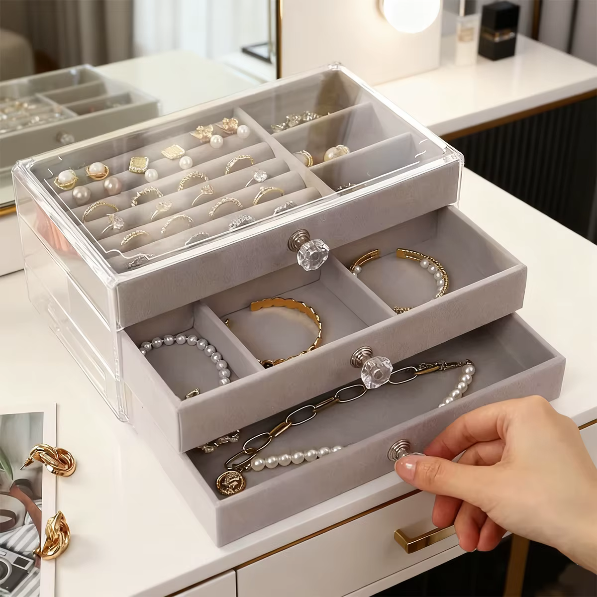 Boîte à bijoux style tiroir beige/gris