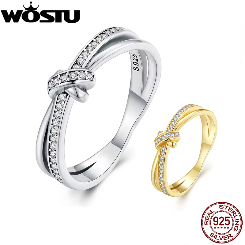 WOSTU réel 925 en argent Sterling Vintage noeud bande anneaux pour les femmes rétro clair CZ bague de mariage lunette bijoux fins cadeau CQR896